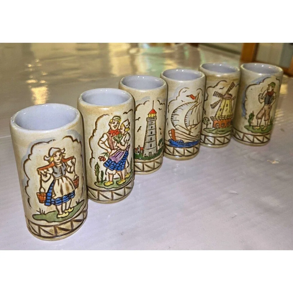 Vintage Dutch Holland Ceramic Shot Glasses Set of 6 Windmill Sailboat Folk Art